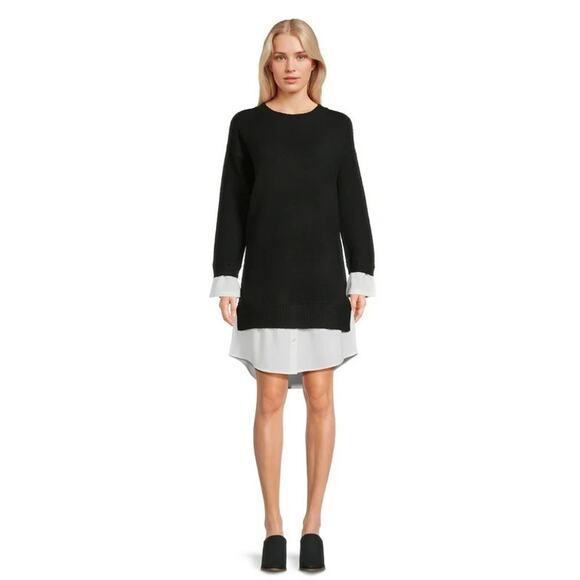 Time and Tru Sweater Dress XS Black Layered Shirt Business Casual Solid Neutral - Picture 1 of 9